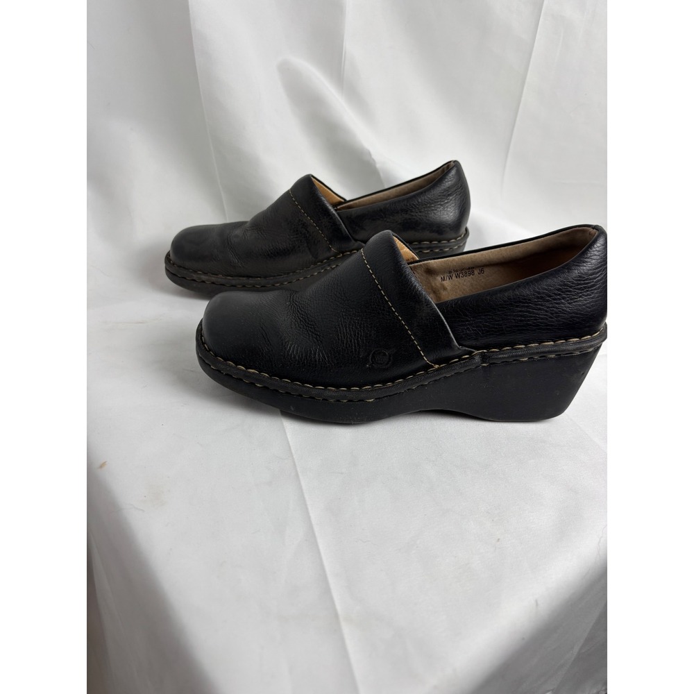 Born Black Pebbled Leather Wedge Clogs M/W W3898 J6 Square Toe Slip On Shoes